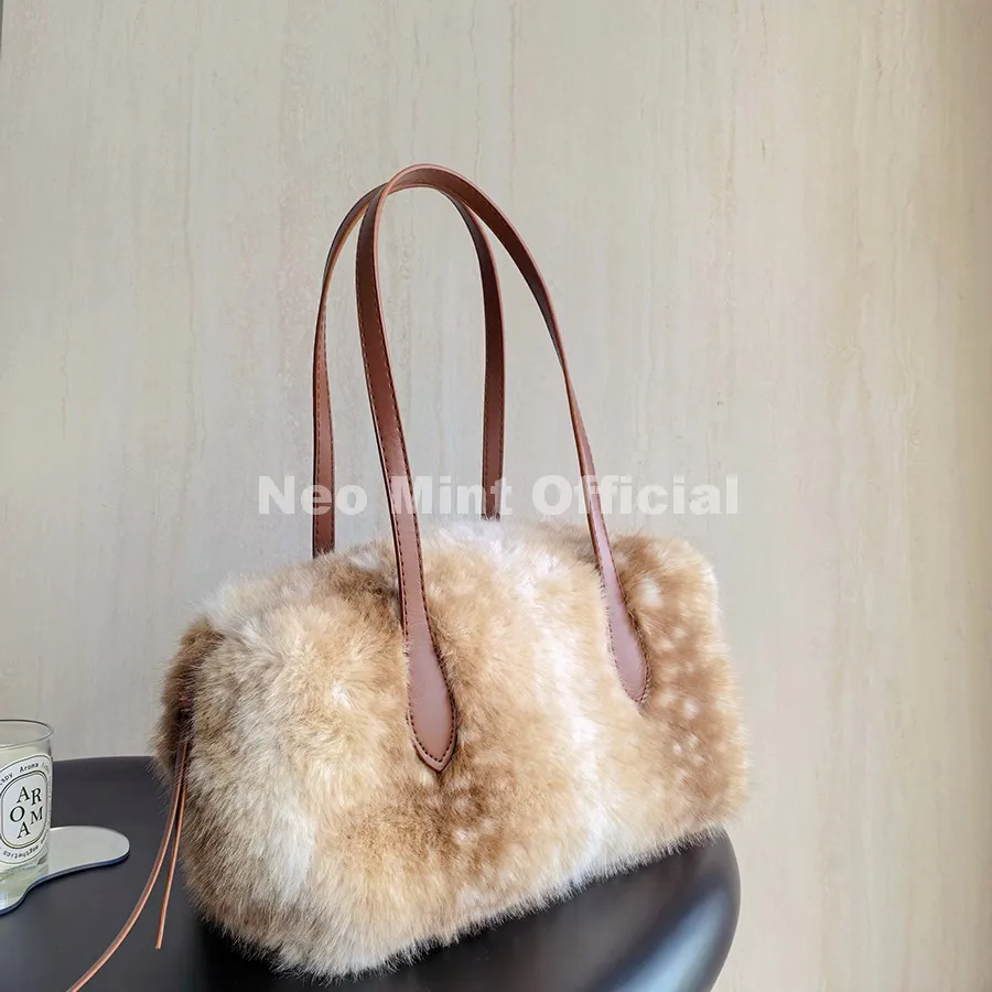 Neo Mint 2026 Winter Women's Trendy Bambi Fawn Print Fuzzy Handbag Street Fashion Girls Cute Deer Spotted Faux Fur Shoulder Bags