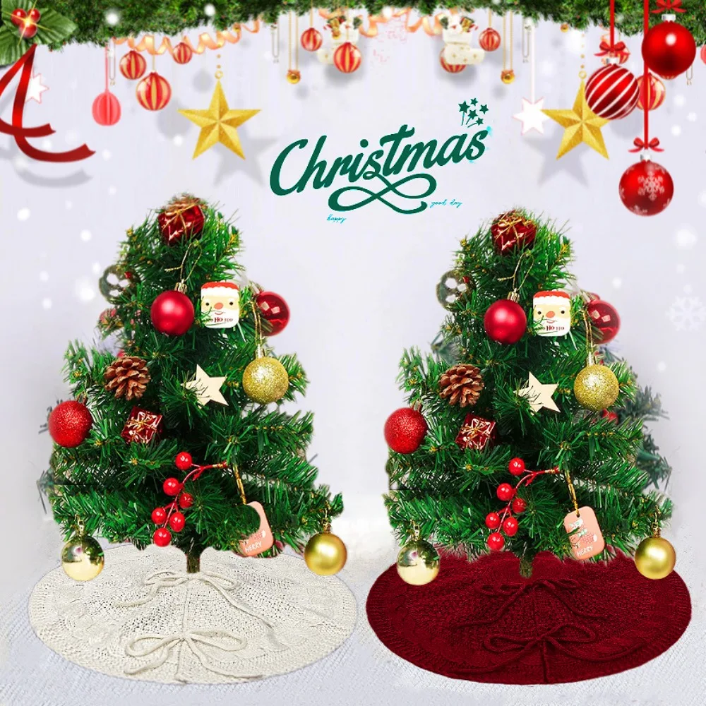 18 in Knitted Christmas Tree Skirt Red/White Polyester Xmas Tree Foot Cover Round Christmas Tree Carpet Living Room