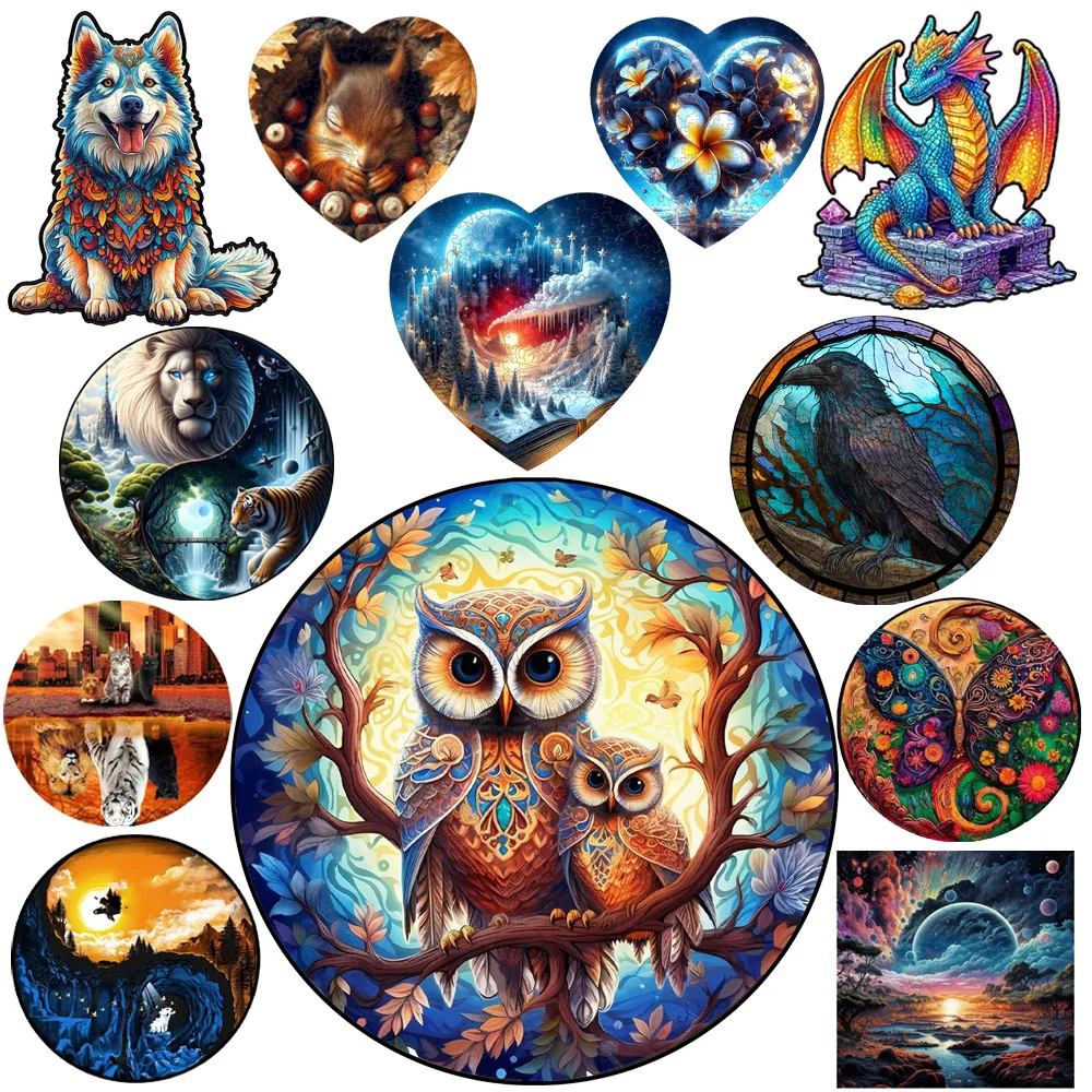 Mysterious Owl Wooden Animal Puzzle for Adult Kids Brain Twister Beautiful Tiger Puzzle Decompressed Toys Holiday Gift Home Deco