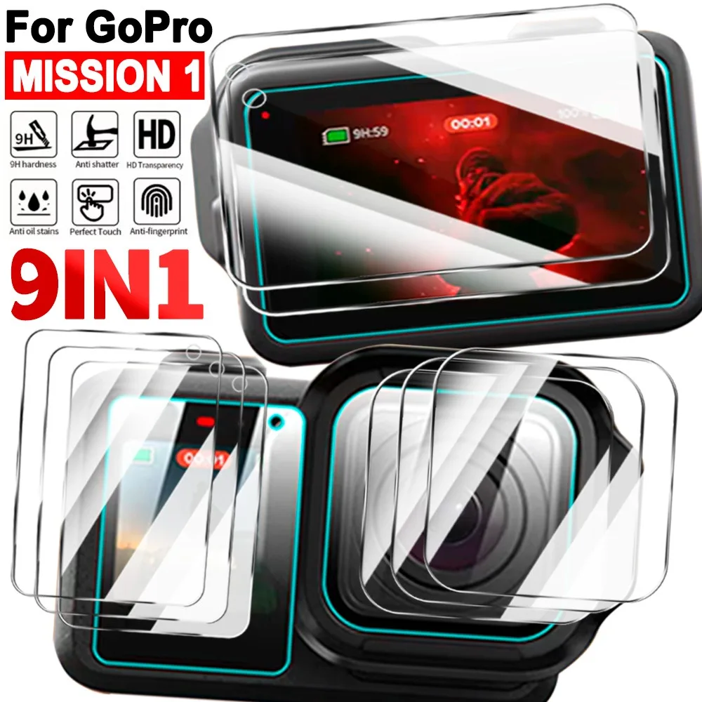 Camera Lens Screen Protector for GoPro Mission 1Pro 9IN1 9H Tempered Glass Anti-scrach Bubble-Free Film for GoPro Mission 1/1Pro