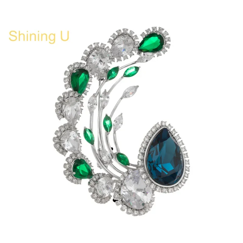 Shining U Luxury Waterdrop Peacock Feather Brooch for Women Fashion Accessory Gift