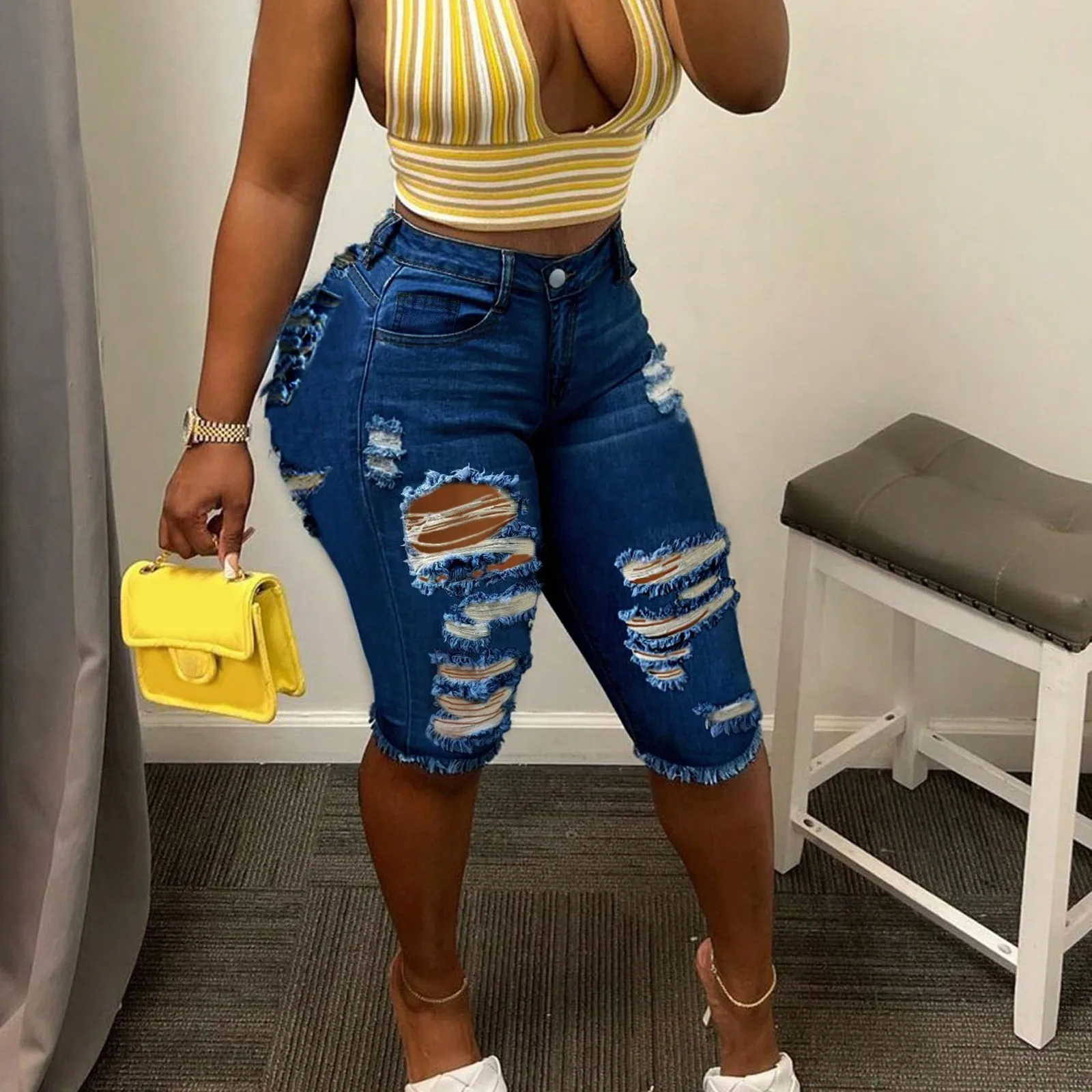 Модные джинсы с токовыми отверстиями, летние удобные узкие джинсовые шорты-карандаш, женские новые повседневные однотонные брюки со средней талией в пять четвертей