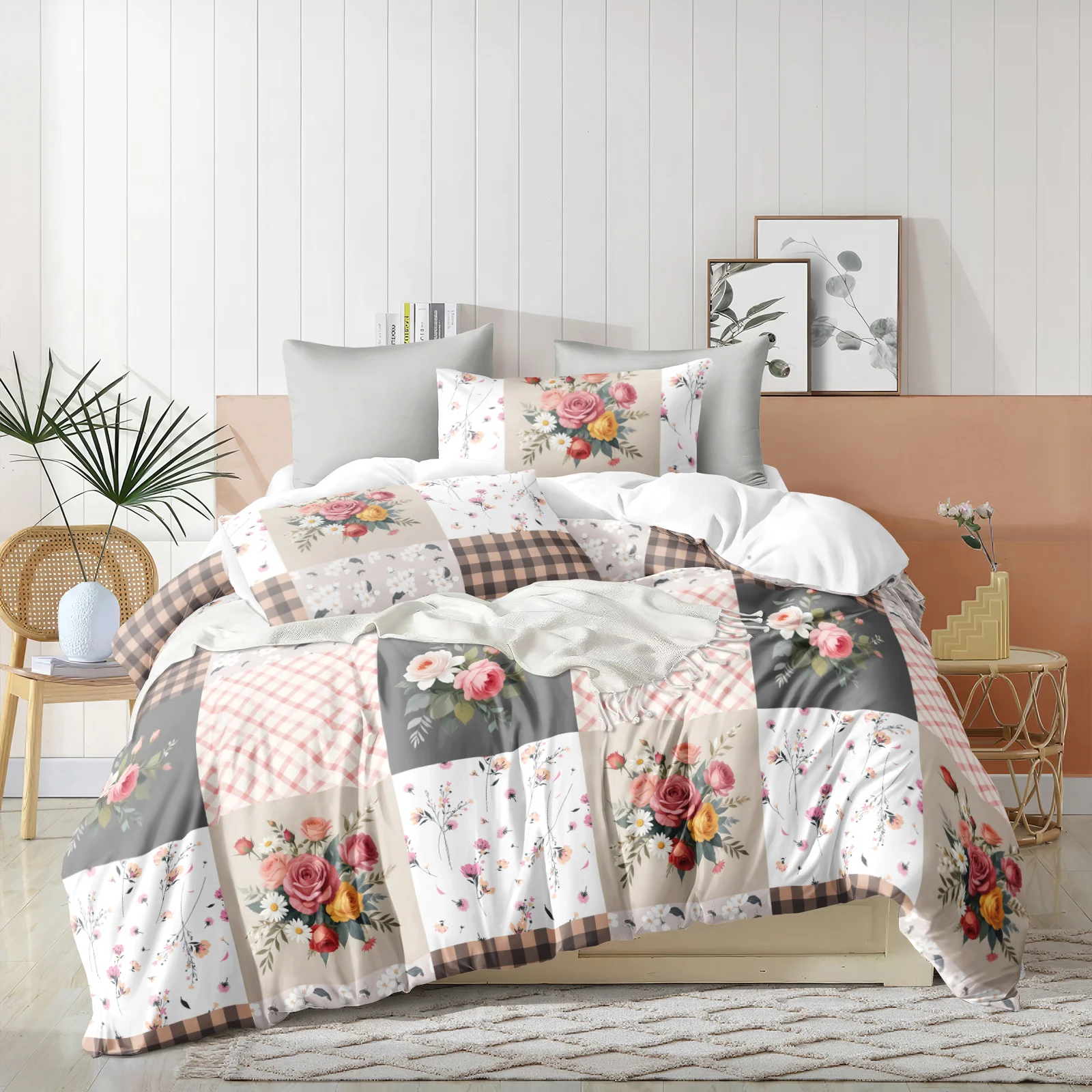 3PCS Colorful Duvet Cover Set Polyester Fibre Comforter Cover Floral Bed Set Soft Lightweight Down Bedding Set for All Season