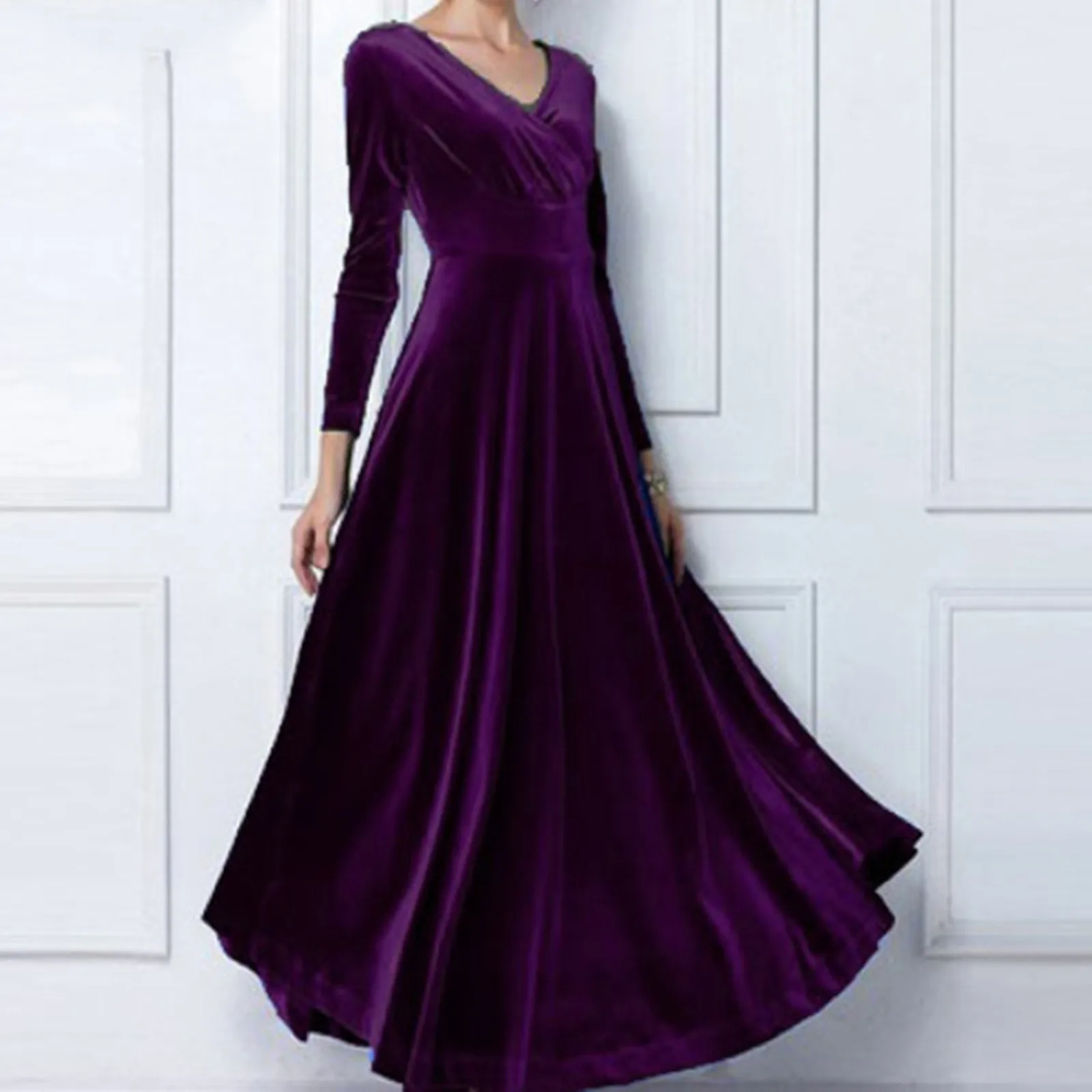 Robe en velours plissé à manches longues et col en V pour femme, robe maxi vintage pour banquet, fête de mariage, robe de soirée élégante, automne