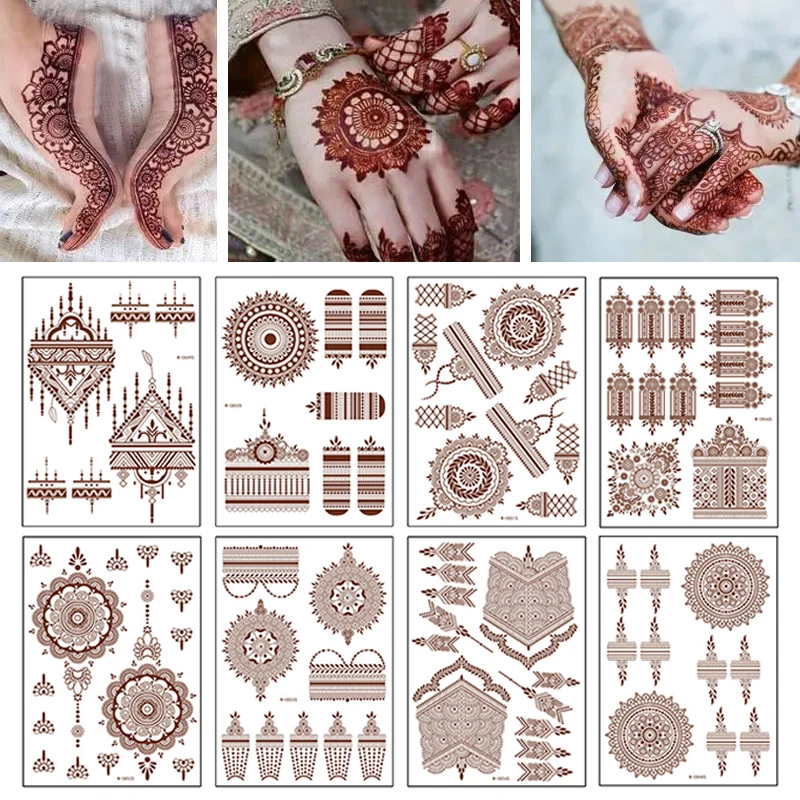 Maroon Henna Tattoo Stickers for Hand And Body Lace Flower Temporary Tattoos for Women Fake Tattoo For Wedding Festival