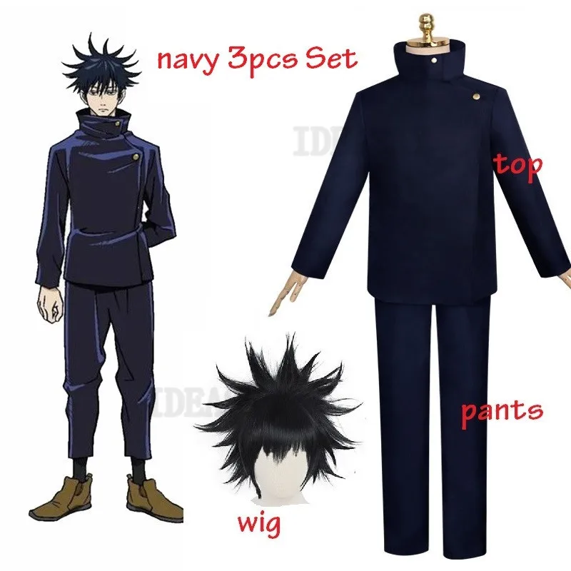 2023 Nieuwe Anime Jujutsu Kaisen Megumi Fushiguro Cosplay Kostuum Donkerblauwe Pruik Schoenen Schooluniform Feest Carnaval Outfit Voor Mannen