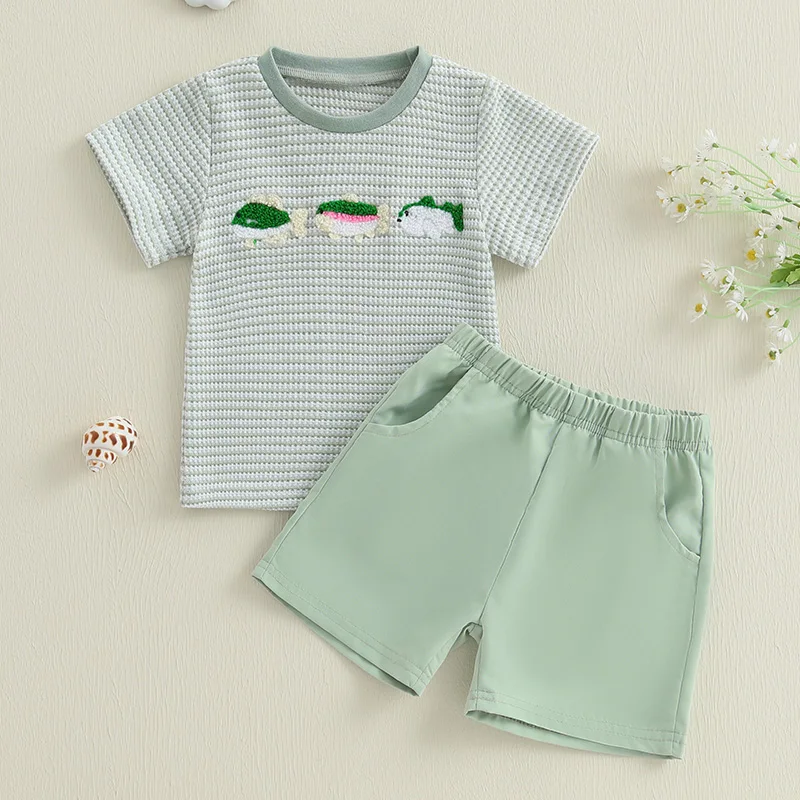 Outfitset voor babyjongens met schattig T-shirt met korte mouwen en dierenborduurwerk en stijlvolle geruite shorts voor de zomer 2-delige set