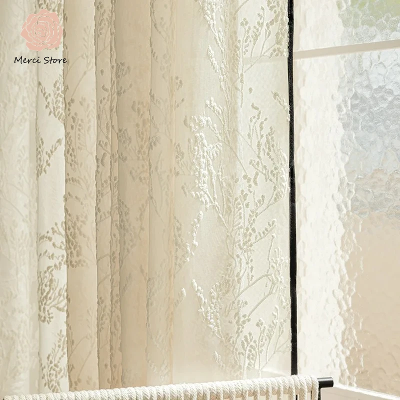 French Cream Velvet Twig Pattern Black Edging Opaque Tulle Curtains for Bedroom Living Room Thermal Energy Saving Privacy Drapes
