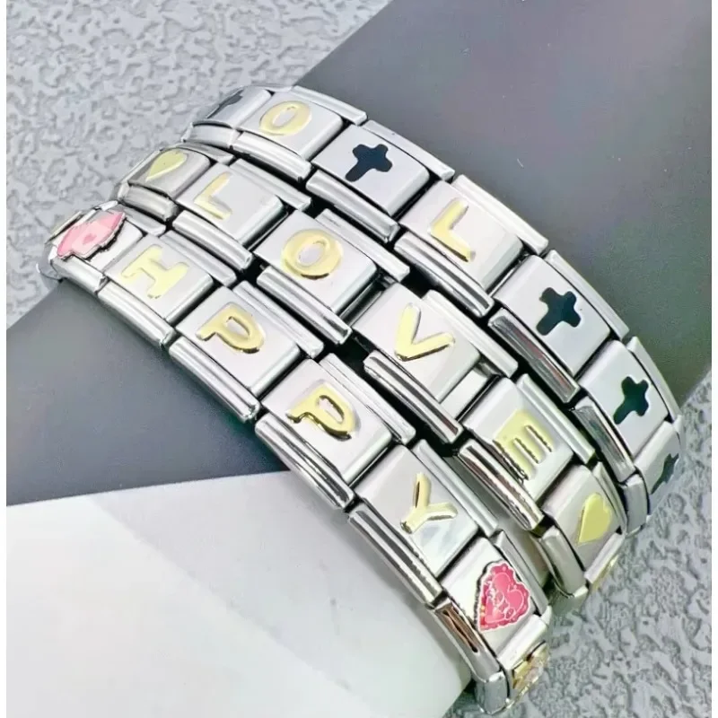 

2025 Fashion New Golden Letters Name Charm Italian Links Fit 9mm Bracelet Stainless Steel DIY Making Jewelry