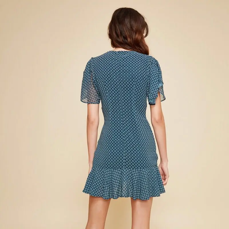 Spring Summer New V-ne Printed Long Sve Chiffon Dr High Waist Flounce Hem Wrap Sle Women's Casual Faion Dr