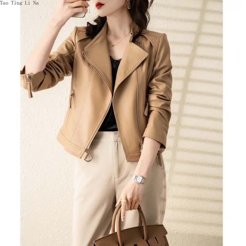 

2023 Women Fashion Genuine Leather Sheepo Jacket Khaki Locomotive Real Sheepskin Leather Coat S4