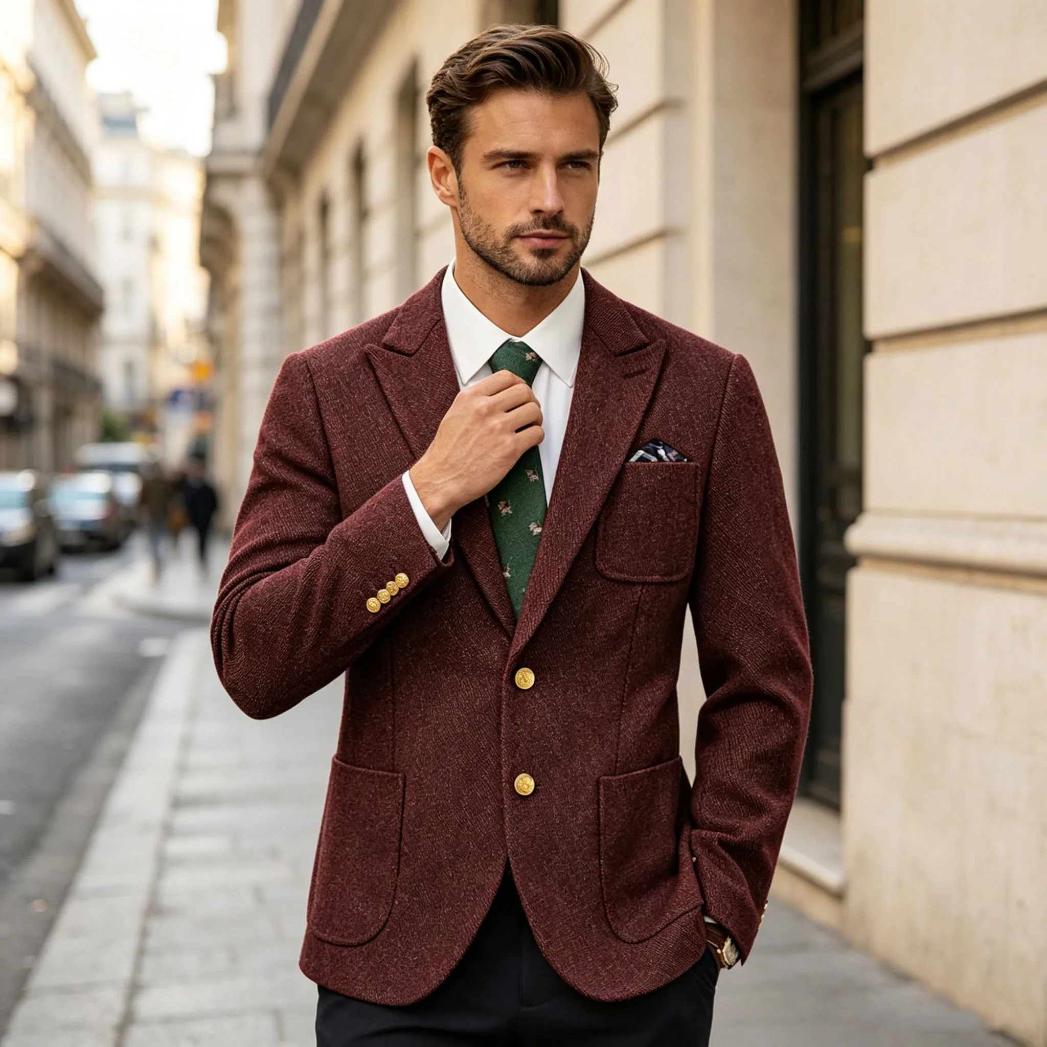 Men's Blazer Peak Lapel Slim Fit Multi-Pocket Single Breasted Suit Jacket Gold Button Formal Sport Coat Business Casual Wedding