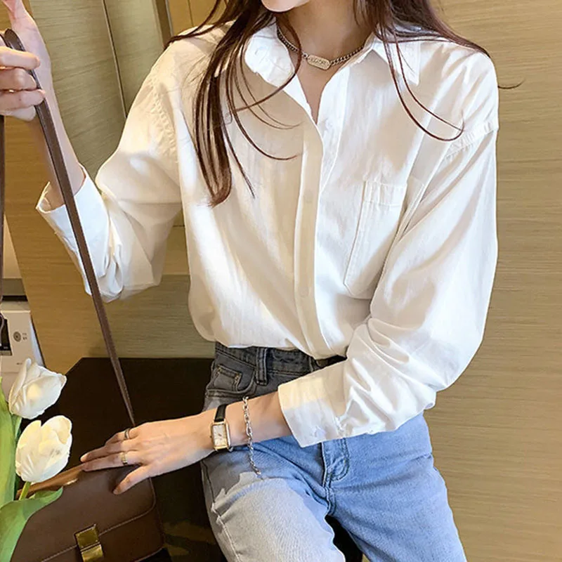 Xpqbb White Shirt for Women 2024 Spring Autumn Long Sleeve Turn-down Collar Blouses Female Casual Loose Single-breasted Blusas