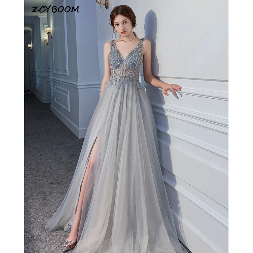 

Charming V-Neck Spaghetti Strap Sequin Evening Dresses Floor Length Sweep Train Boho A-Line Side Slit Custom Made Formal Gown