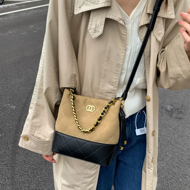 

Women's Fashion Matte Crossbody Bucket Bag Contrasting Color Retro Design Trendy Handbag for Casual Wear