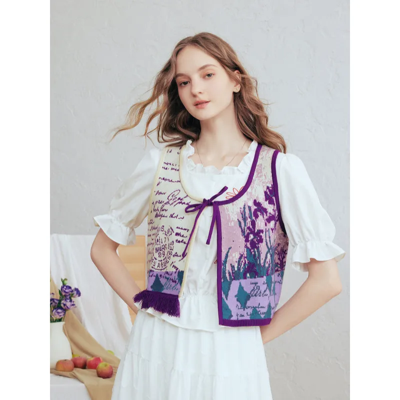 

Spring French Oil Paint Pattern Tassel Cardigan for Women