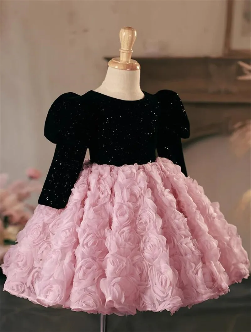 Fluffy Baby Girl Dress Black Glitter Sequin Tiered Pink Floral Skirt Long Sleeve Birthday Gown Party Dress Kid Size 1-14T