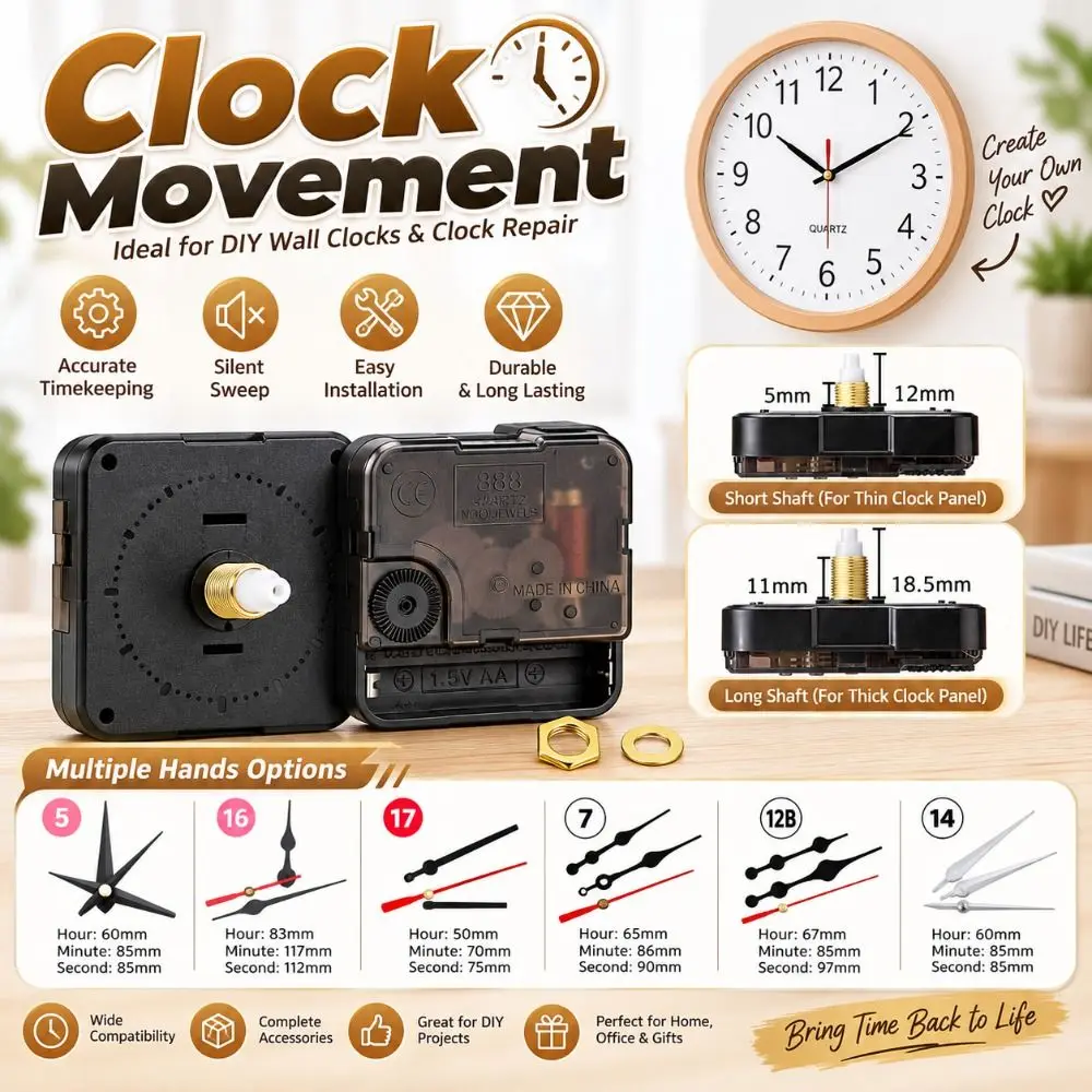 Silent Sweep Classic Quartz Clock Movement Battery Operated Quartz Powered Clock Hands Set Decorative Hands