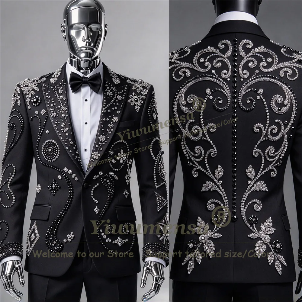 Designer Suit Men For Wedding Handmade Pearls Stones Groom Prom Blazer Pants 2 Pcs Man Business Dinner Party Tuxedos Ropa Hombre