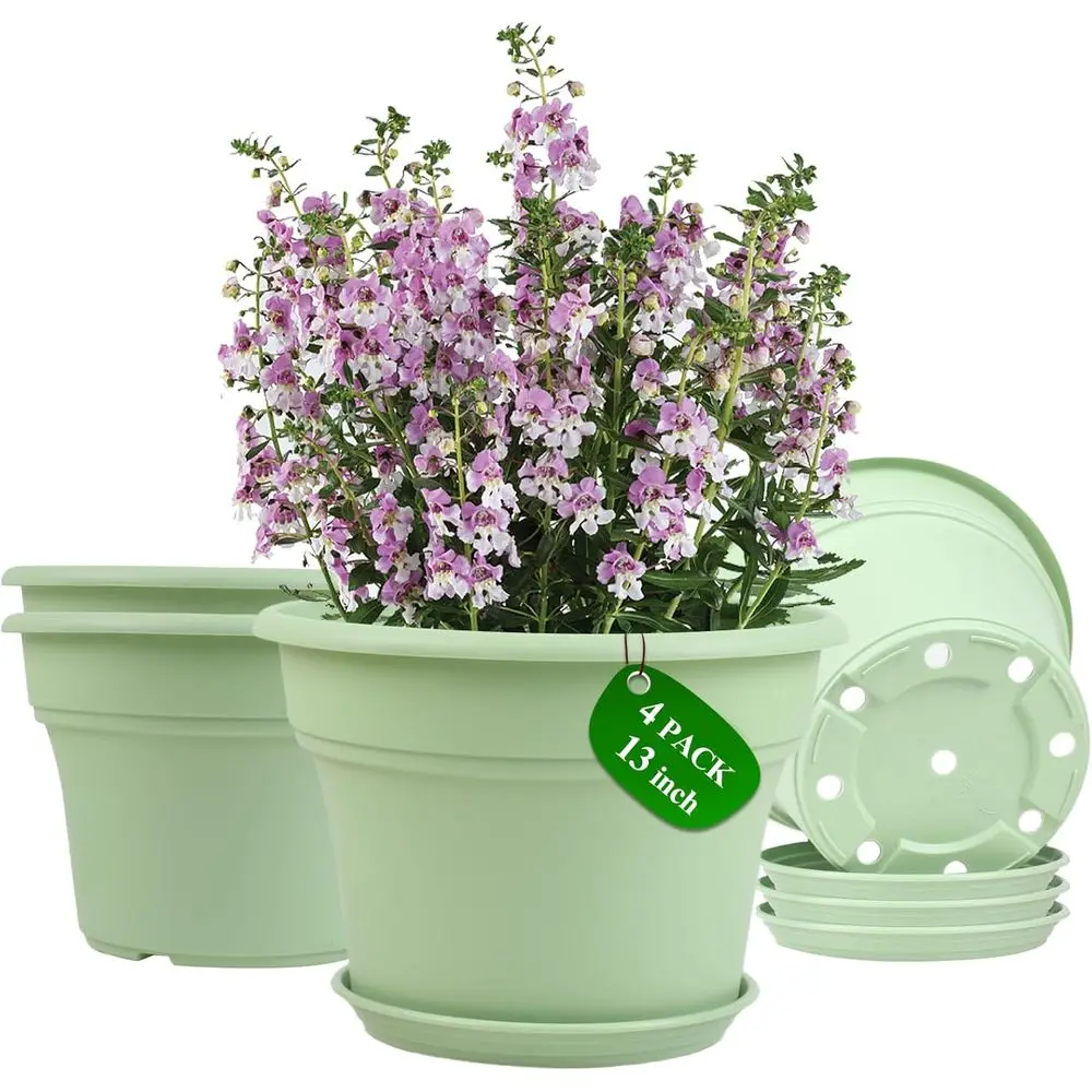 

Pottie 13 Inch Plastic-lower-Pot-or-Indoor-Plants, 4 Pack Large Outdoor Planter Pot with Drainage Holes & Saucers, Resin Decorat