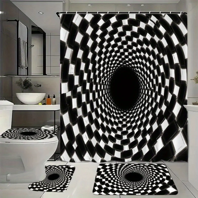 

Набор для ванной комнаты из 4 предметов с занавеской для душа, 12 крючками, напольным ковриком, чехлом на сиденье унитаза и декоративными аксессуарами черного и белого цвета.