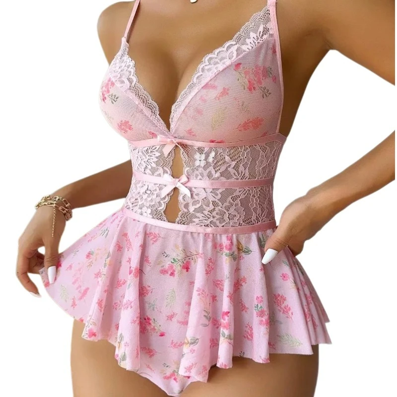 

Floral Underwear Sets Sexy Lingerie Women Lace Bow Bodysuit Exotic Pajamas Teddy Babydoll Dress Deep V Open Bra Porno Underwear