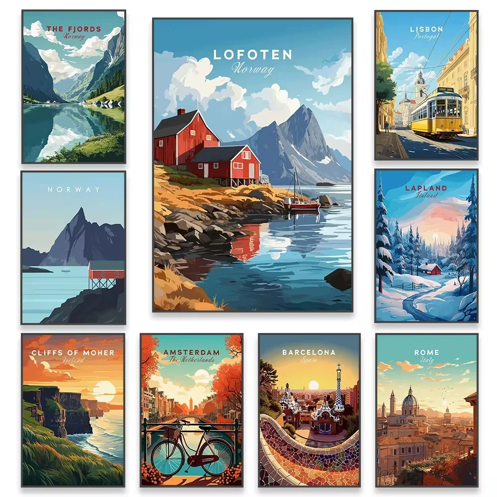 ملصق سفر Lofoten ، طباعة مناظر طبيعية نورية حديثة ، لوحة قماشية برتغالية ، فن جداري للسفر ، ديكور غرفة قراءة للمكتب والمنزل