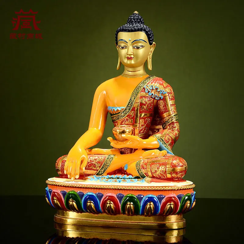 Taiwanese copper mineral painted and gold-plated Shakyamuni ornament, Tibetan entranceway bronze statue