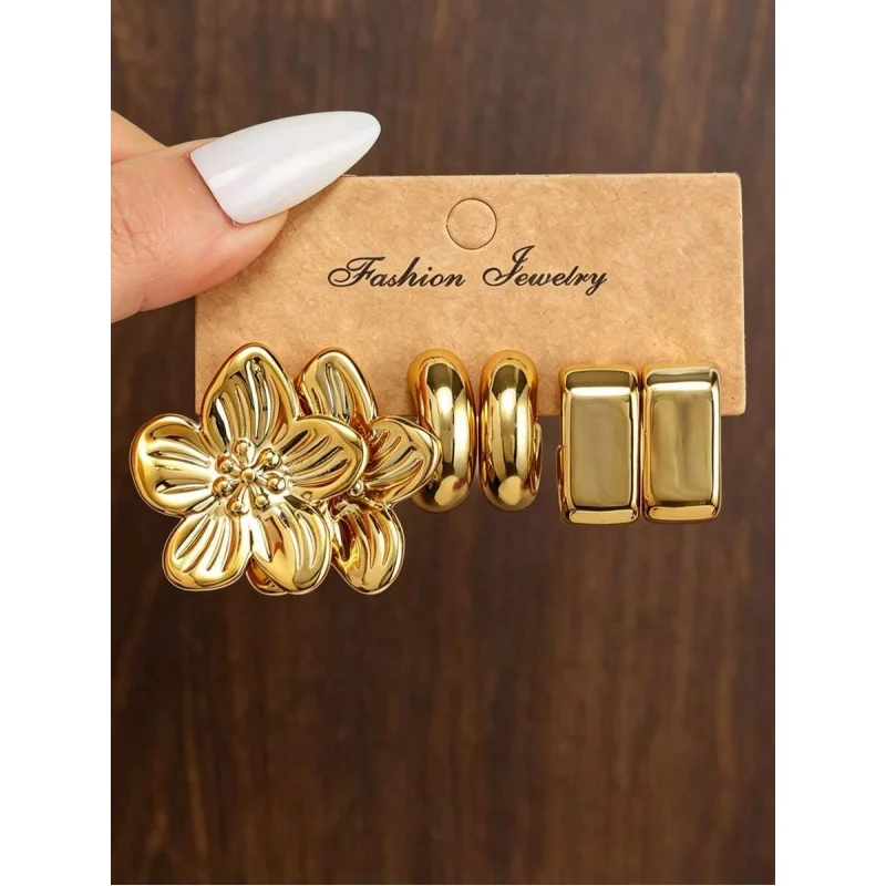 3/9 Pairs Set Euro-Chic Geometric Earrings Set – Metal Flower, Drop & Hoop for Daily, Dates & Vacation.