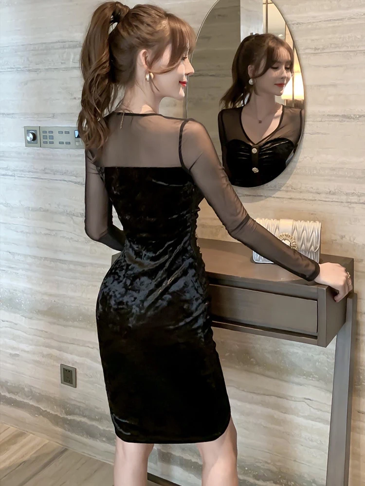 المرأة خمر شيك فستان قصير سيدة مثير أسود بقماش شفاف تقسم الماس أزرار Bodycon ثوب أنثى حفلة Vestidos الربيع