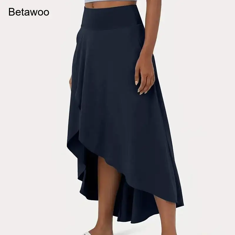 

Womens Navy High Waisted Asymmetrical Flowy Maxi Skirt with Pockets