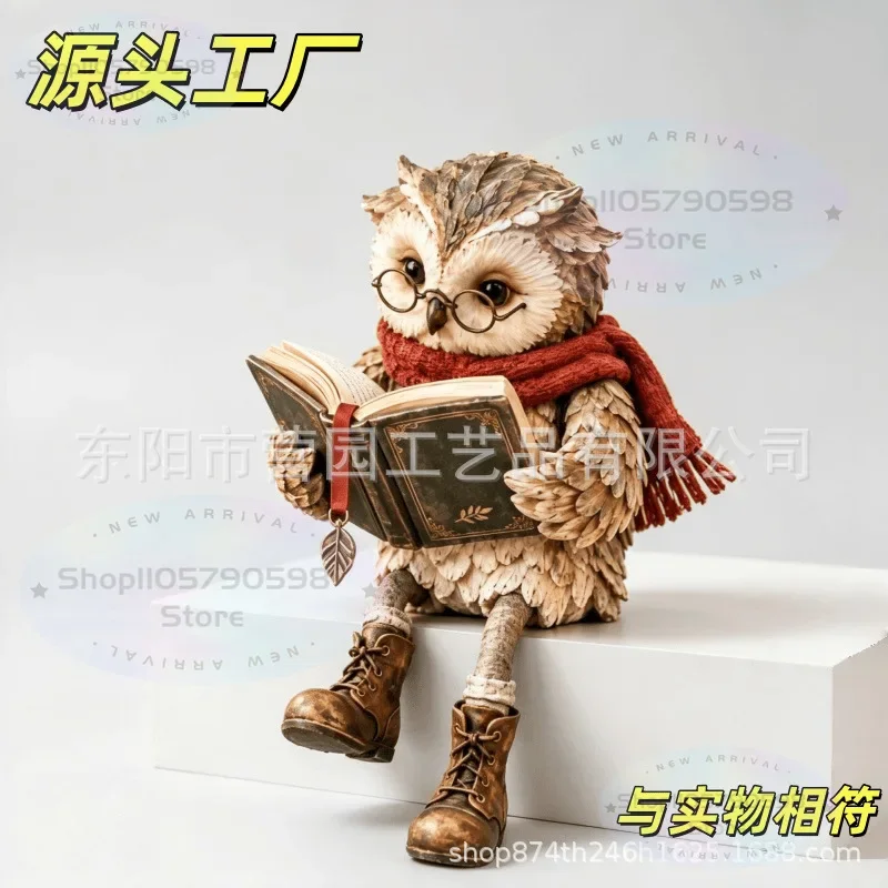 Reading Owl Figurine, Vintage Owl Shelf Sitter with Book Round Glasses, Handmade Woodland Farmhouse Tabletop Reading Figurine