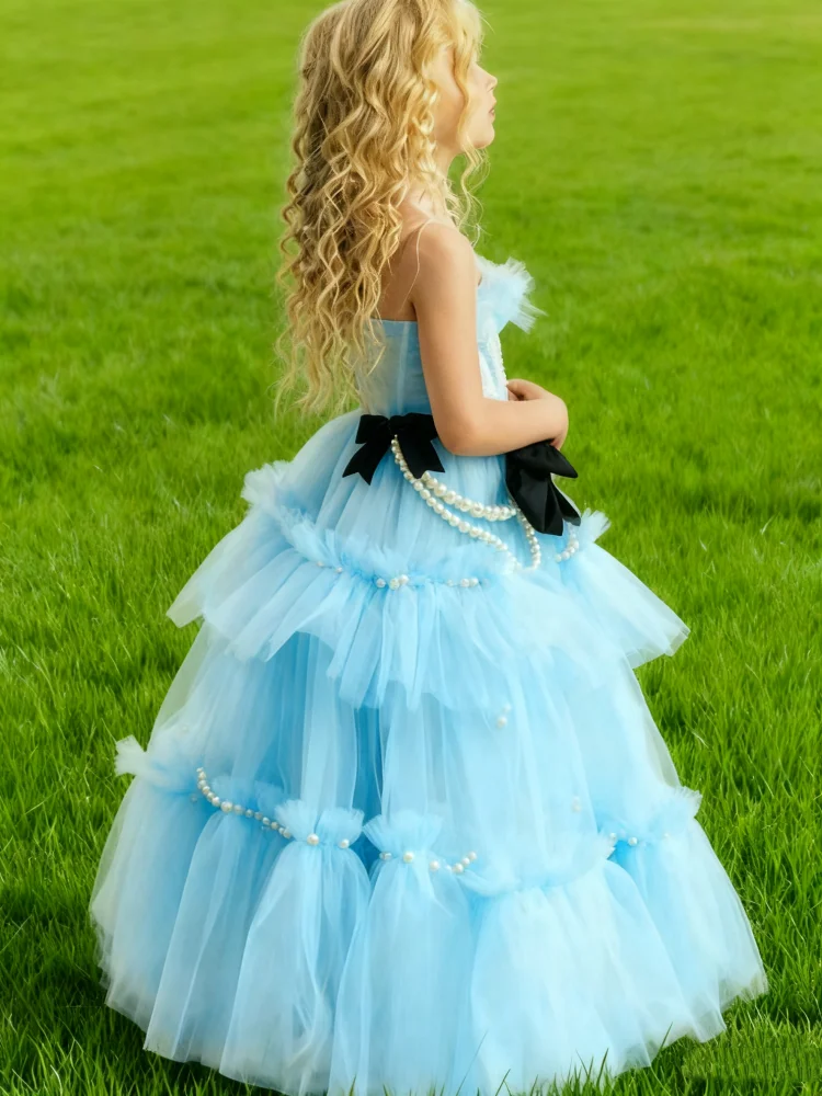 Custom Flower Girl Dress Fluffy Beaded Tulle Skirt with Bow for Wedding Children's Birthday Parties First Communion Girls Outfit