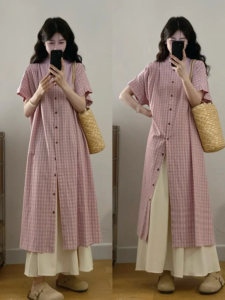 

plus Size Summer Shirt Dress And Wide Leg Pants Two Piece Set Vintage Plaid Short Sleeve Slimming Dress for plus Size Women
