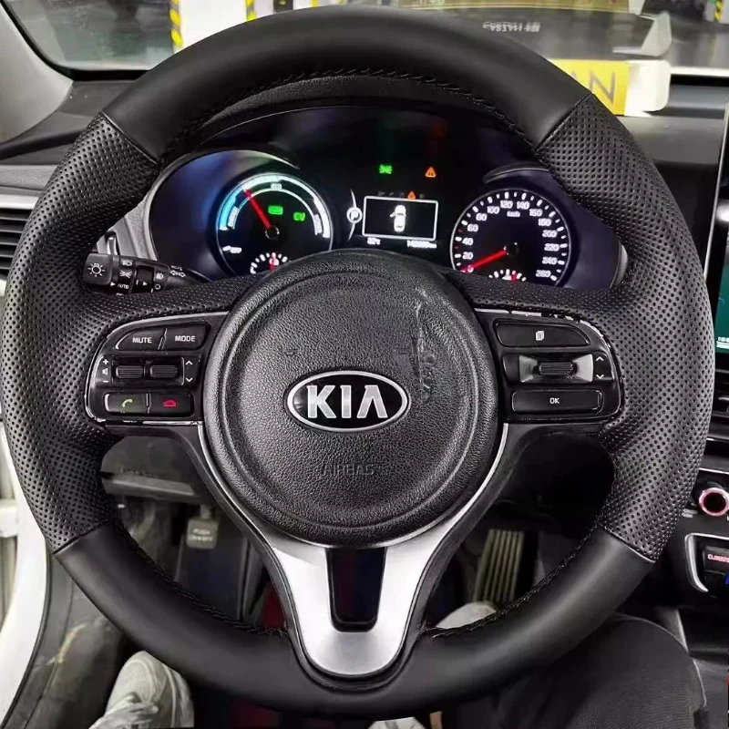 For Kia K5 Sportage 4 KX5 2016 2017 DIY Hand-stitched non-slip black genuine Leather car Steering Wheel Cover Auto parts