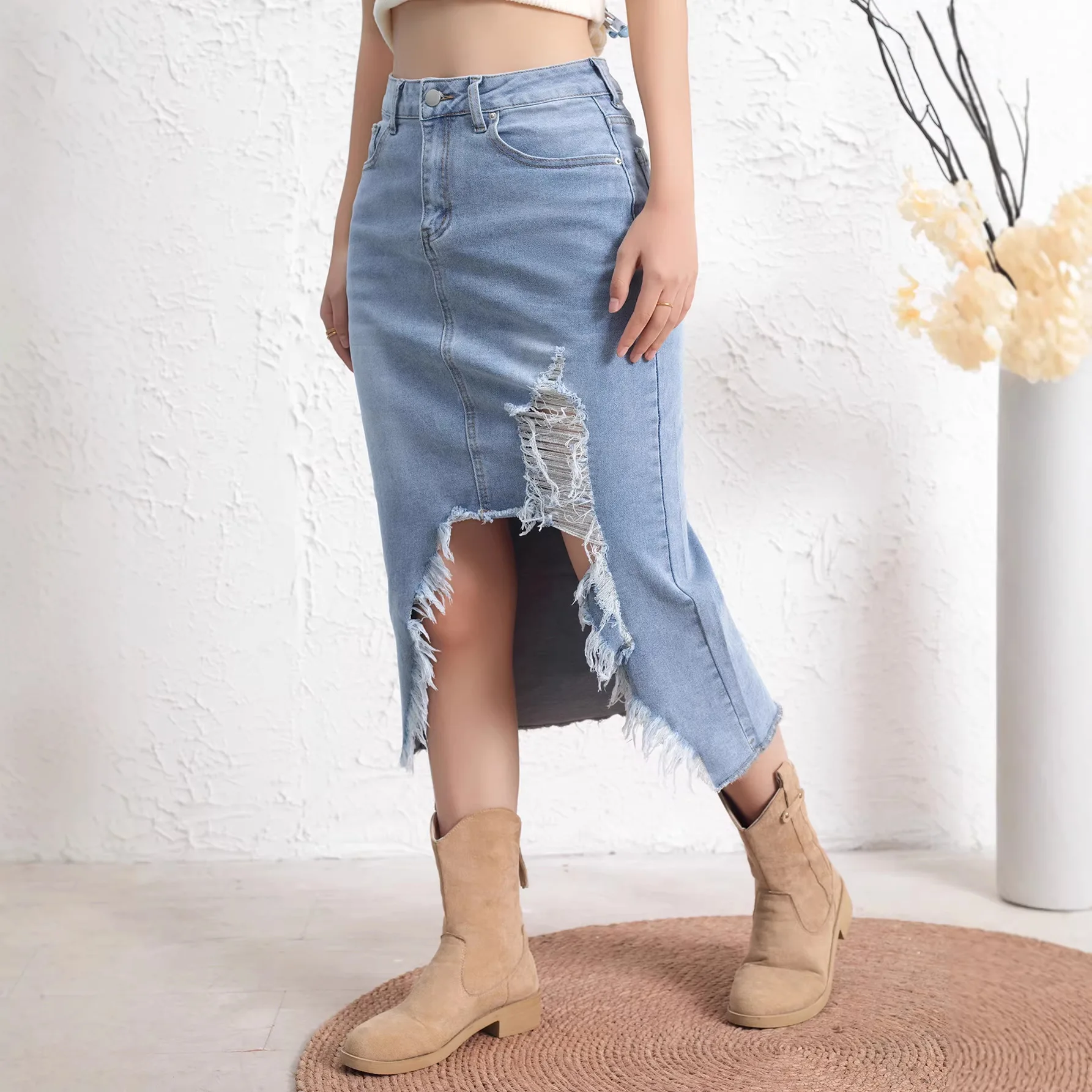 

Women's Denim Skirt American Vintage Distressed Stretch Casual Simple Blue Denim Skirt Is Suitable for Spring Summer