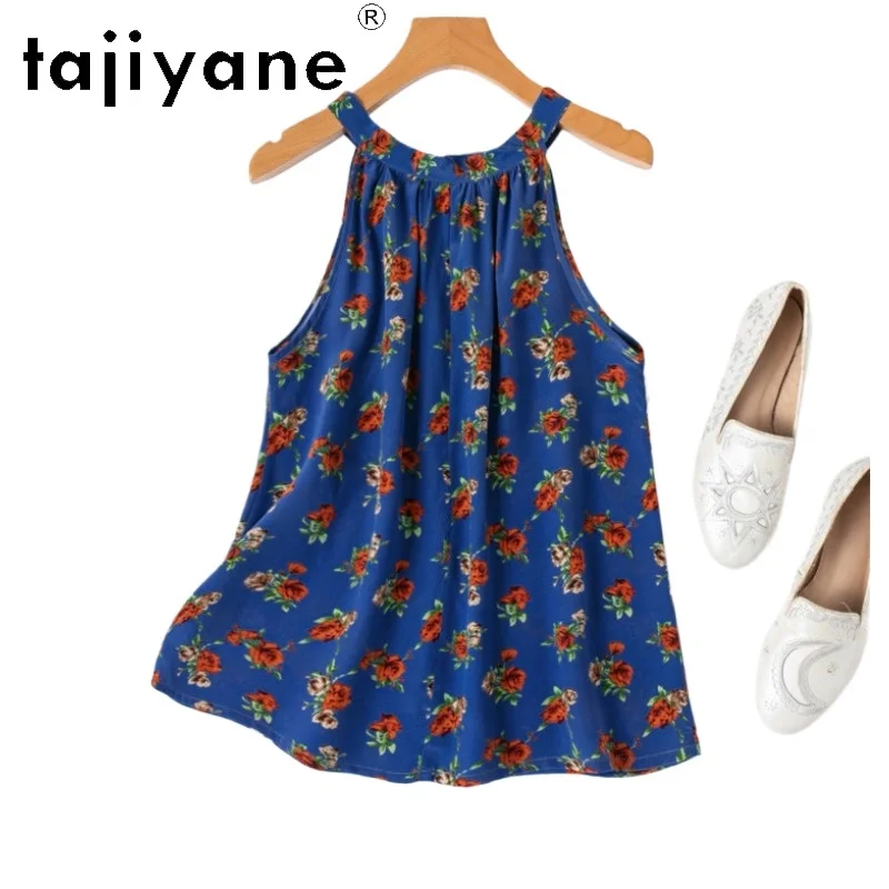 

TAJIYANE 100% Mulberry Silk Tanks Top Women Blue Floral Halter Silk Vest Vacation Sleeveless Summer Tops 2026 Woman Clothes топ