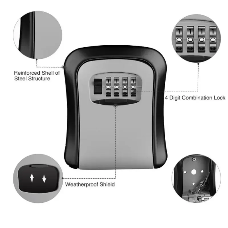 Weatherproof Wall-mounted Key Safe Password Key Box No4 Combination Key Storage Lock Box Indoor and Outdoor