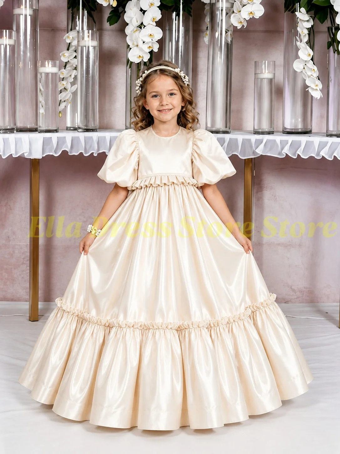 Maßgeschneiderte Großhandels-Satin-Kleider für die Erstkommunion, Ballkleider, Blumenmädchenkleider für Hochzeiten, Hochgeschnittene Mädchen-Geburtstagskleider – Detail 4