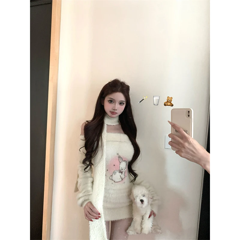 Y2K الكرتون محبوك فستان قصير المرأة مثير مائل وشاح للرقبة فساتين الشتاء Gyaru Harajuku الكورية طويلة الأكمام Bodycon Vestidos جديد #5