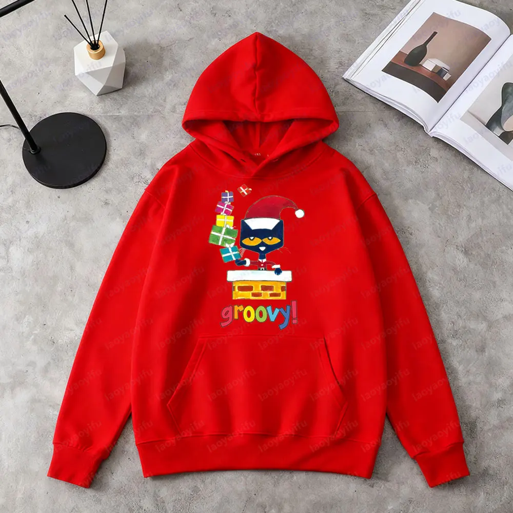 Pete The Cat Groovy Christmas Sweatshirt Funny Santa Cat Clothing Cute Holiday Gift Women Hoodies Casual Fall Winter Apparel