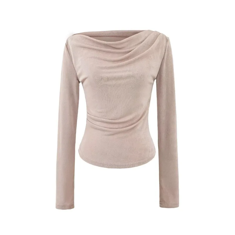 신상 솔리드 컬러 긴팔 티셔츠 스윙 칼라 오프숄더 2025 가을 신상 여성 패션 디자인 센스 퓨어 디자이어 XB3J