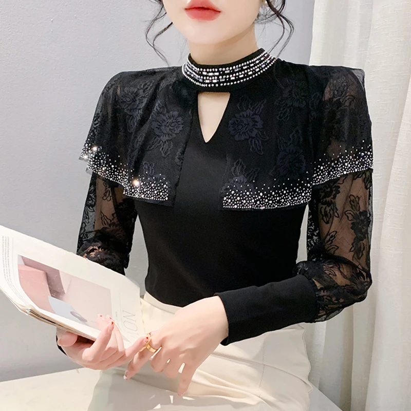 2024 Autumn/Winter European Street Clothing Fashion Stand Collar Hot Drilling Ruffles Mesh Tee Tops Luxurious Black Lace T-Shirt