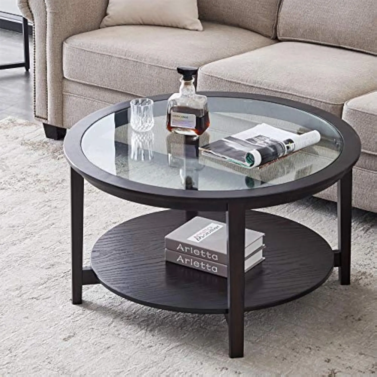 

Modern Solid Wood Round Coffee Table with Tempered Glass Top,36 Inch Round Sofa Table for Living Room