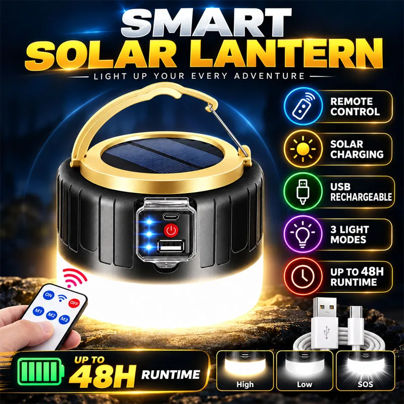 Lanterna da campeggio a LED con pannello solare e telecomando, luce di emergenza, 3 modalità di illuminazione, funzione power bank, lampada da tenda da appendere, ideale per il campeggio.