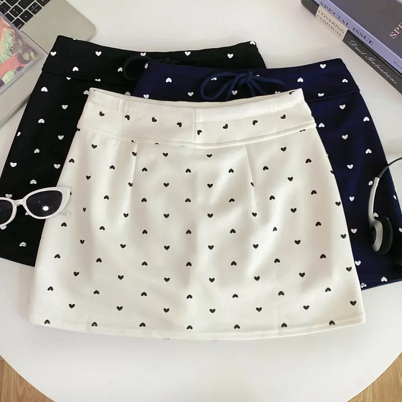 Heart Print Women' Skirt Korean Style Summer High Waist Slim-looking A-line Skirts Casual Good-looking Hip Package Skirt