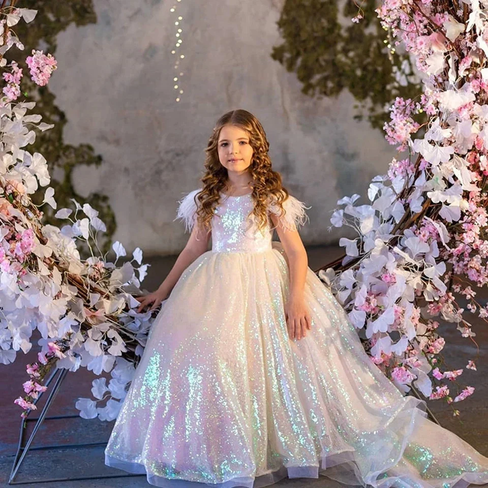 Robe de demoiselle d'honneur personnalisée à paillettes, longueur au sol avec plumes, pour mariage, première robe de fête d'anniversaire eucharistique pour enfant