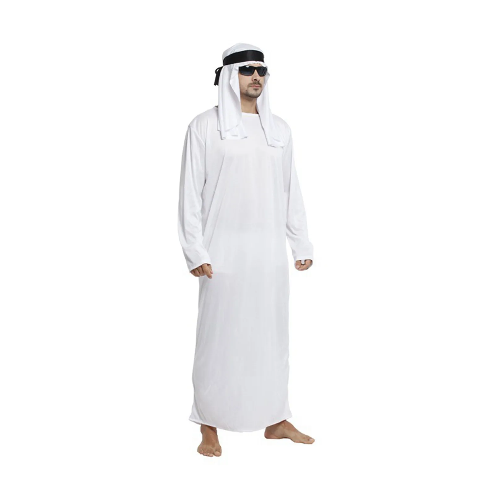 Male Outfits Arab Uae Robe For Men Long Sleeves Arab Muslim Middle East Crew Neck Dubai Thobe Long Abaya With Headband Strap