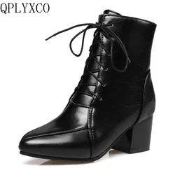QPLYXCO Ankle Boots Women Fashion Pointed Toe Lace Up Thick Heels Casual Dress Party Short Bootie Big Size 44 45 C9-22