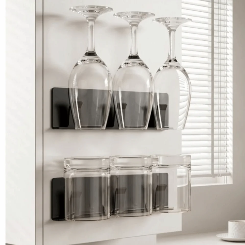 2PCS Plastic Inverted Wine Glass Rack Wall Mounted Punch Free Hanging Glass Holder Space Saving Draining Goblet Hanging Rack